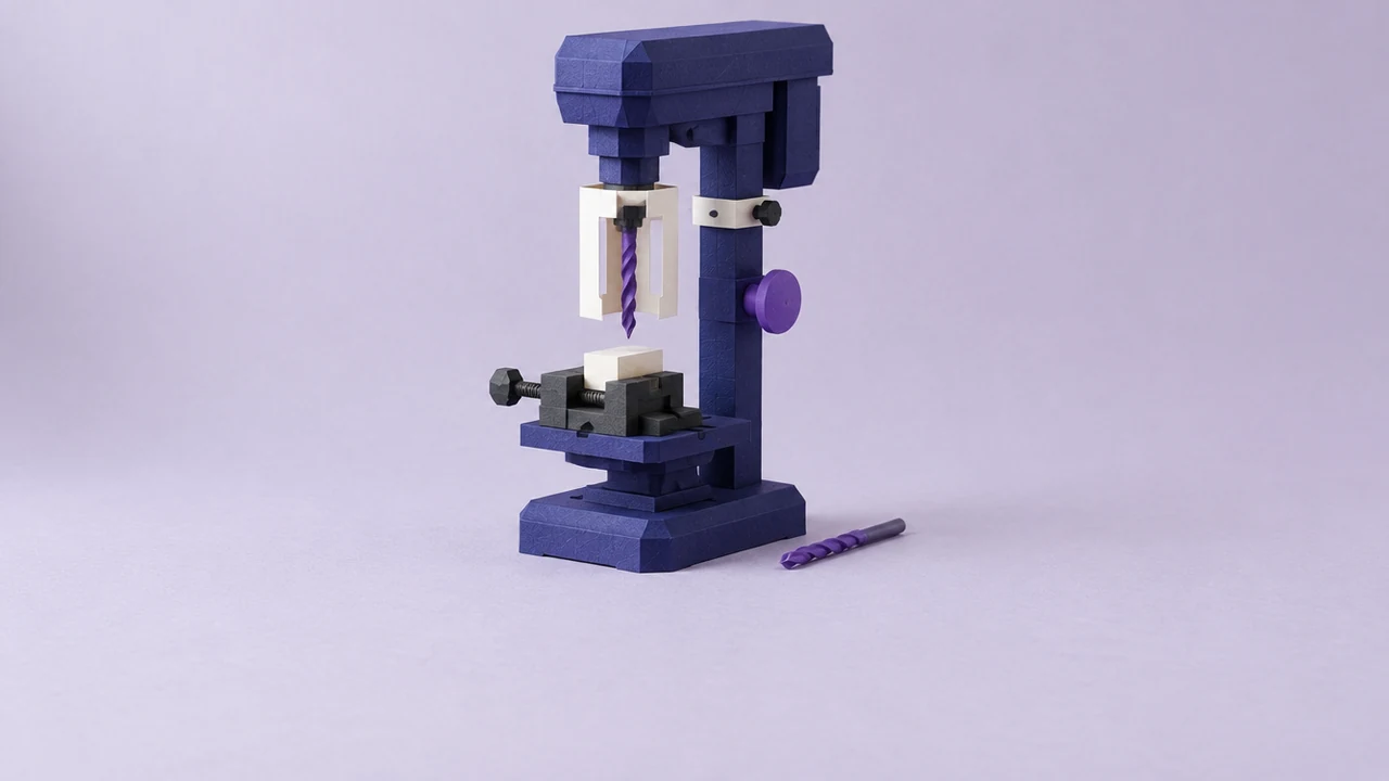 A paper drill press with a guard, a clamped workpiece and a large stop button, while a spare bit lies unused beside it