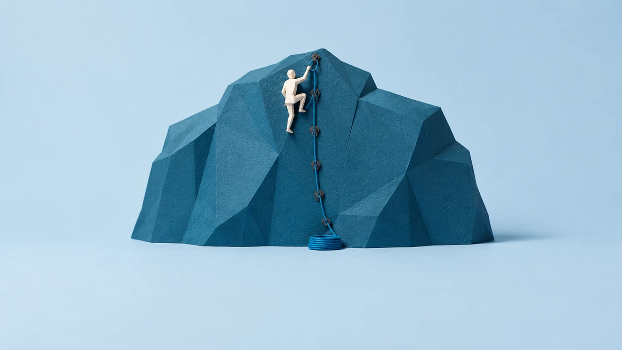 A small figure climbs a broad rock face, its rope clipped through a line of anchors running back down to the base