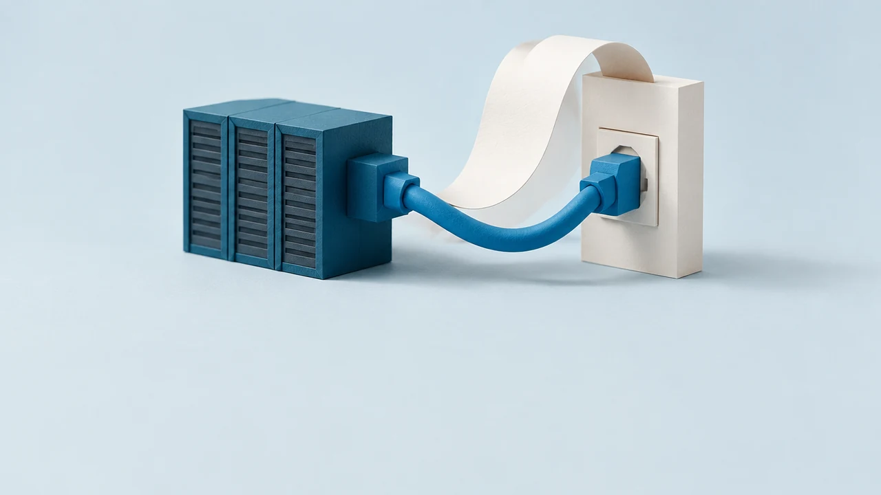 A blue data-centre block is plugged into a large wall socket, a long blank paper receipt curling up out of the socket