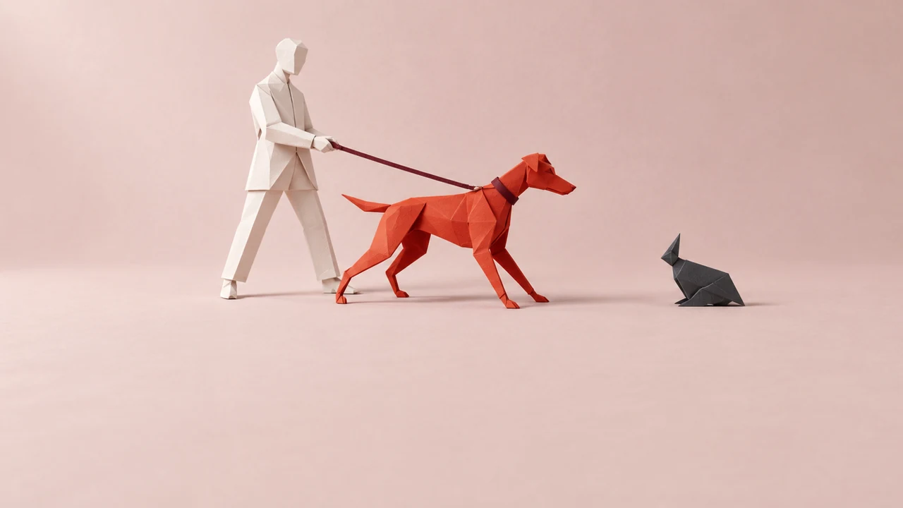 A folded-paper hound strains toward a small dark shape, its short leash held firmly by a calm, faceless paper figure
