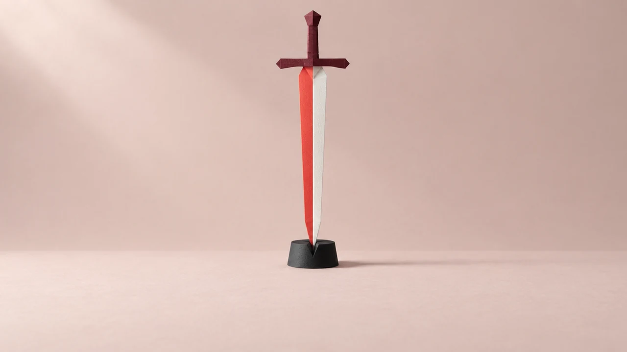 A paper double-edged sword stands point-down in a stand, one edge red and the other white along a sharp central ridge