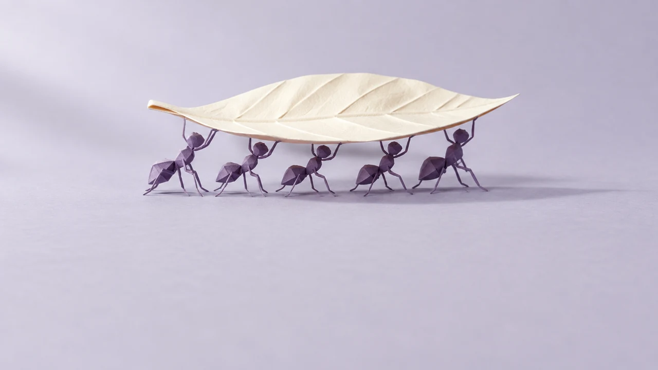 Five folded violet paper ants carry one large white paper leaf together across the table, with no one leading them