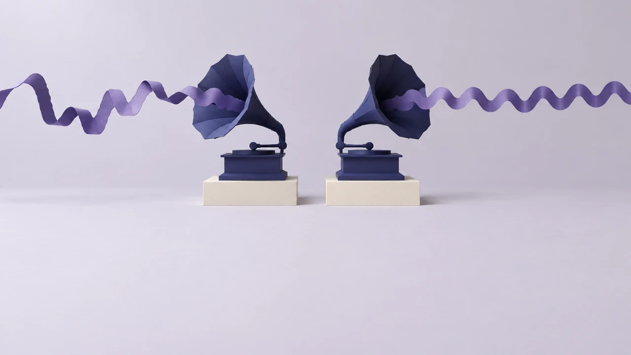 Two identical paper gramophones: one emits a ribbon of uneven hand-cut waves, the other a ribbon of perfectly repeating waves