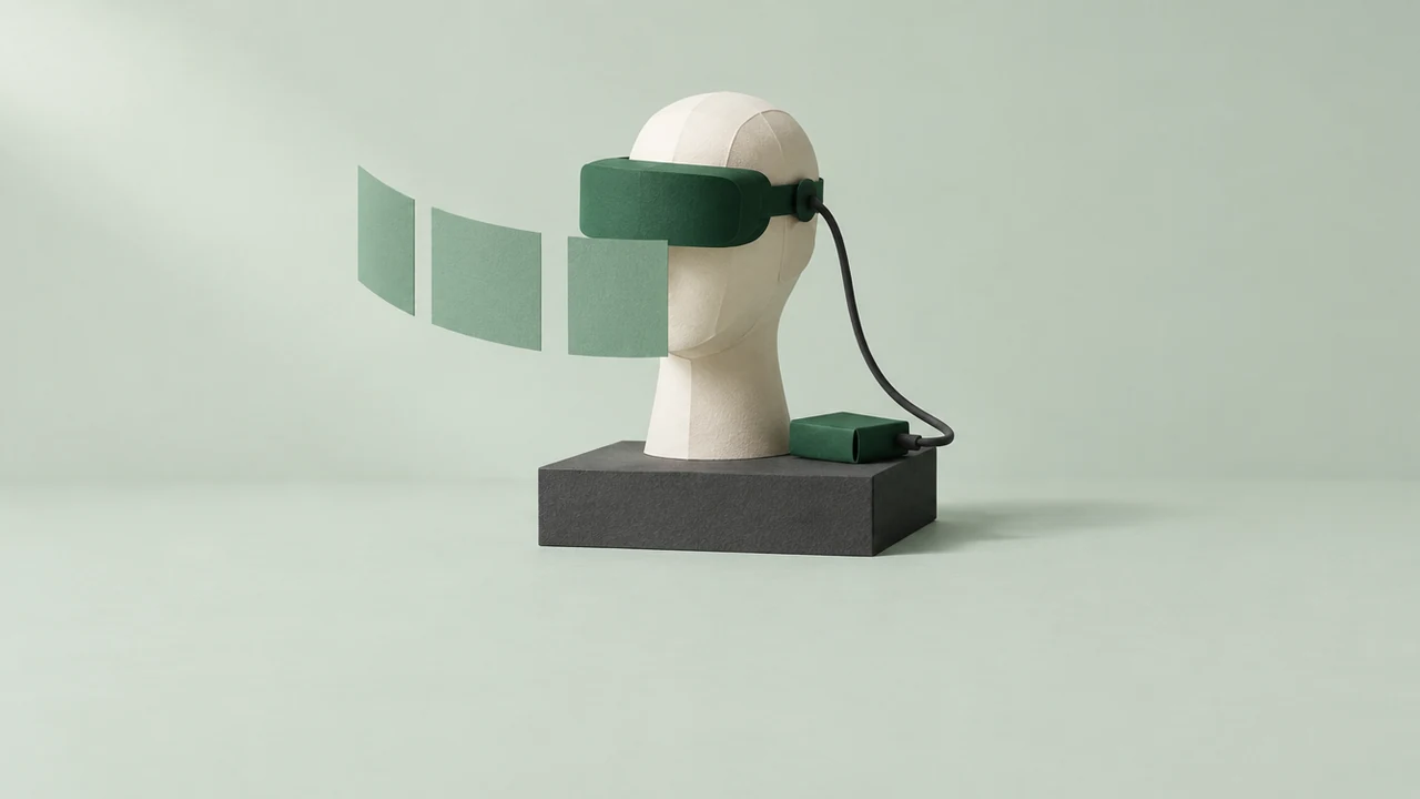 A faceless head form on a plinth wears a simple visor headset, cabled to a battery pack, with three blank panels floating before it