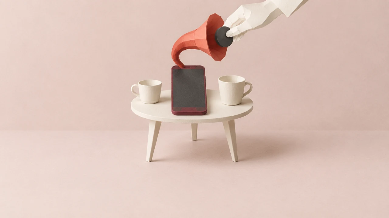 A red ear trumpet rises from a phone standing between two cups on a side table, as a hand presses a stopper into its mouth