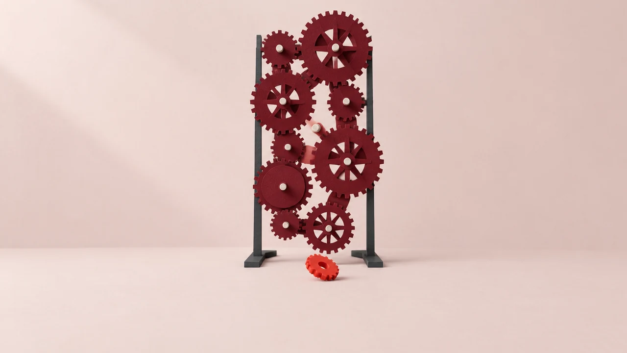 A train of oxblood paper gears brought to a halt by one small vermilion gear that has slipped off its spindle onto the table