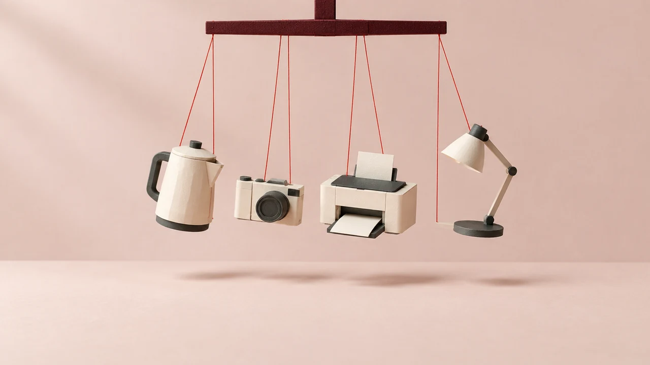A marionette control bar hanging from above works a kettle, a camera, a printer and a desk lamp on red threads, like puppets