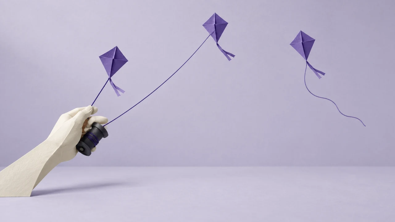 Three kites fly at different heights: one on a short string, one on a long reeled line and one flying free