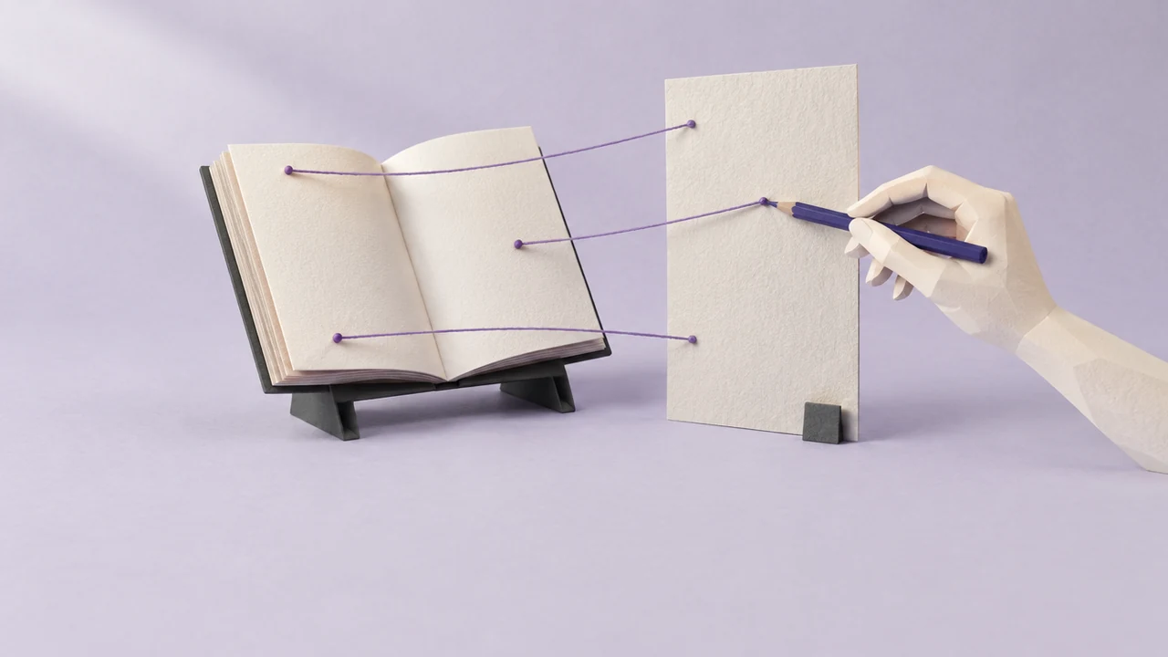 Threads link points on a draft sheet to pages of an open book as a hand checks one with a pencil