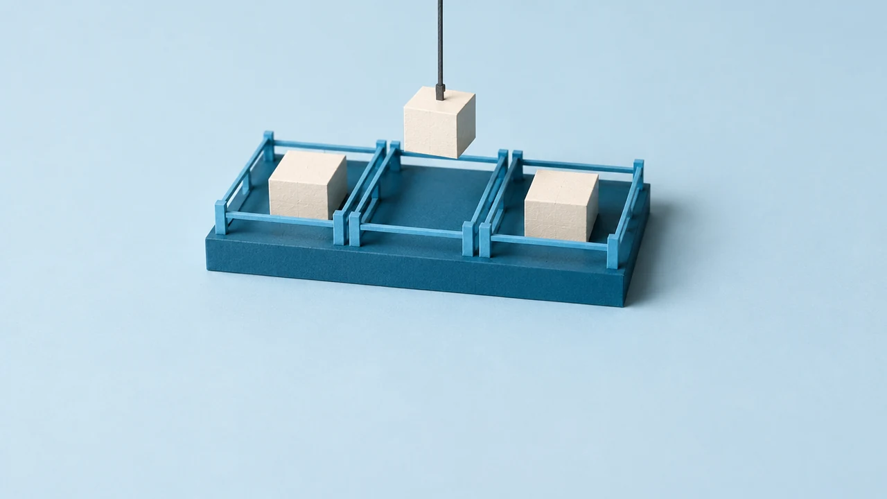 A block is lowered on a cable into an empty bay of a platform divided by low guardrails