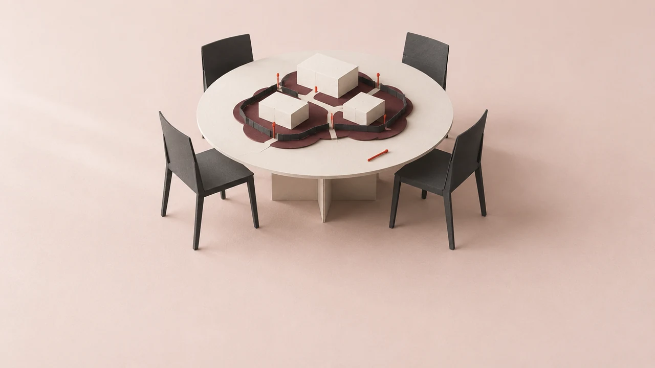 Empty chairs ring a table holding a small model of a service inside a low fence, red pins where its paths cross the fence