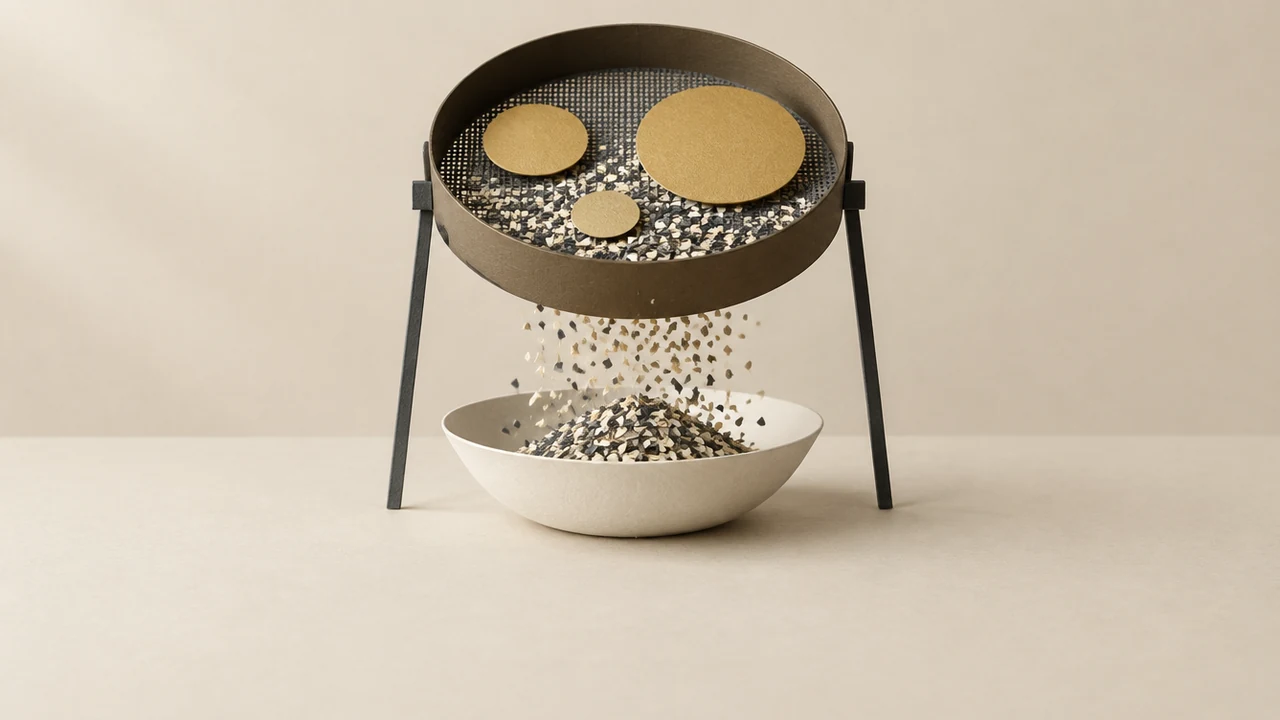 Tiny flecks fall through a raised sieve into a bowl, leaving three large discs on top