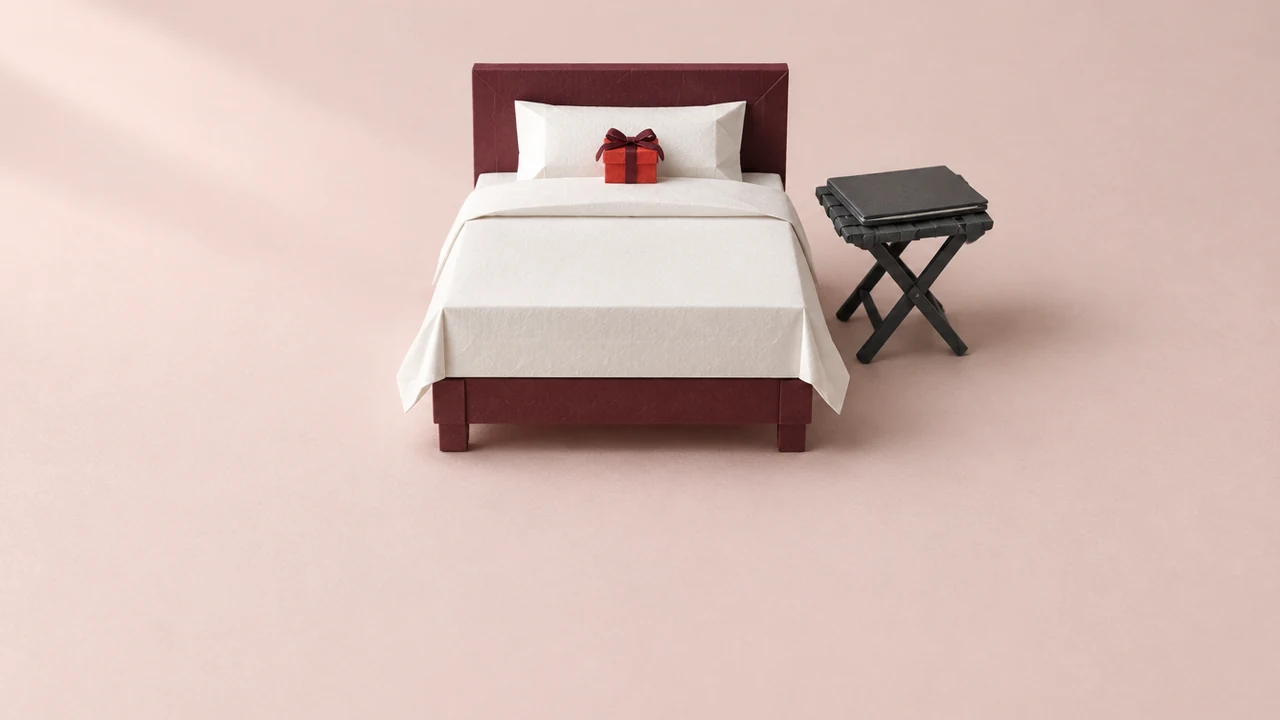 A neatly made hotel bed with a small wrapped red gift on the pillow and a closed laptop on a luggage rack beside it