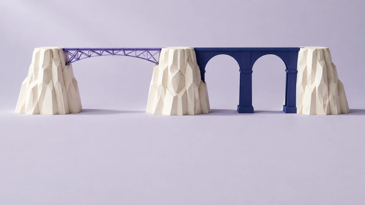 Three white paper cliffs make two equal gaps, one spanned by a slender violet truss bridge and the other by a massive dark viaduct, level with it
