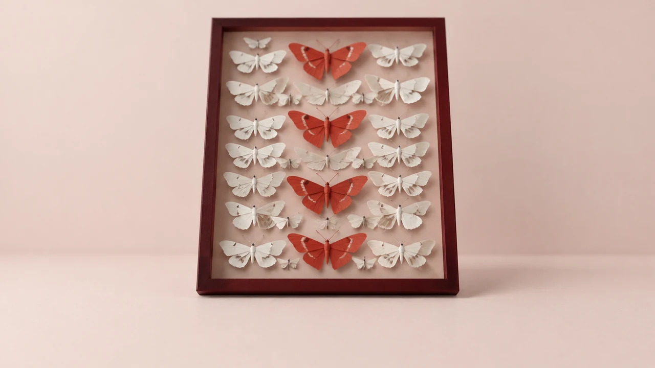 An upright specimen case of pinned white paper moths, with a few larger red moths recurring row after row