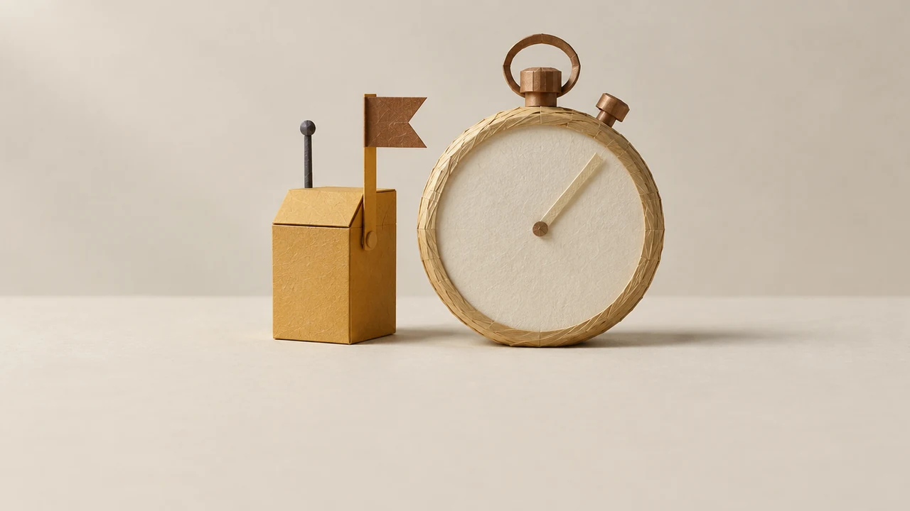 A small device box with an antenna and a raised flag, like a mailbox, stands beside a large stopwatch with a blank face
