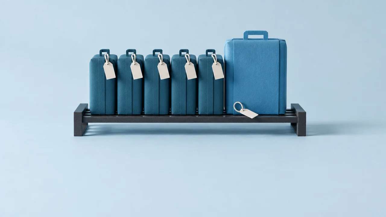 Five tagged blue suitcases stand on a luggage rack beside one oversized lighter-blue case with no tag, a blank tag lying loose in front of it