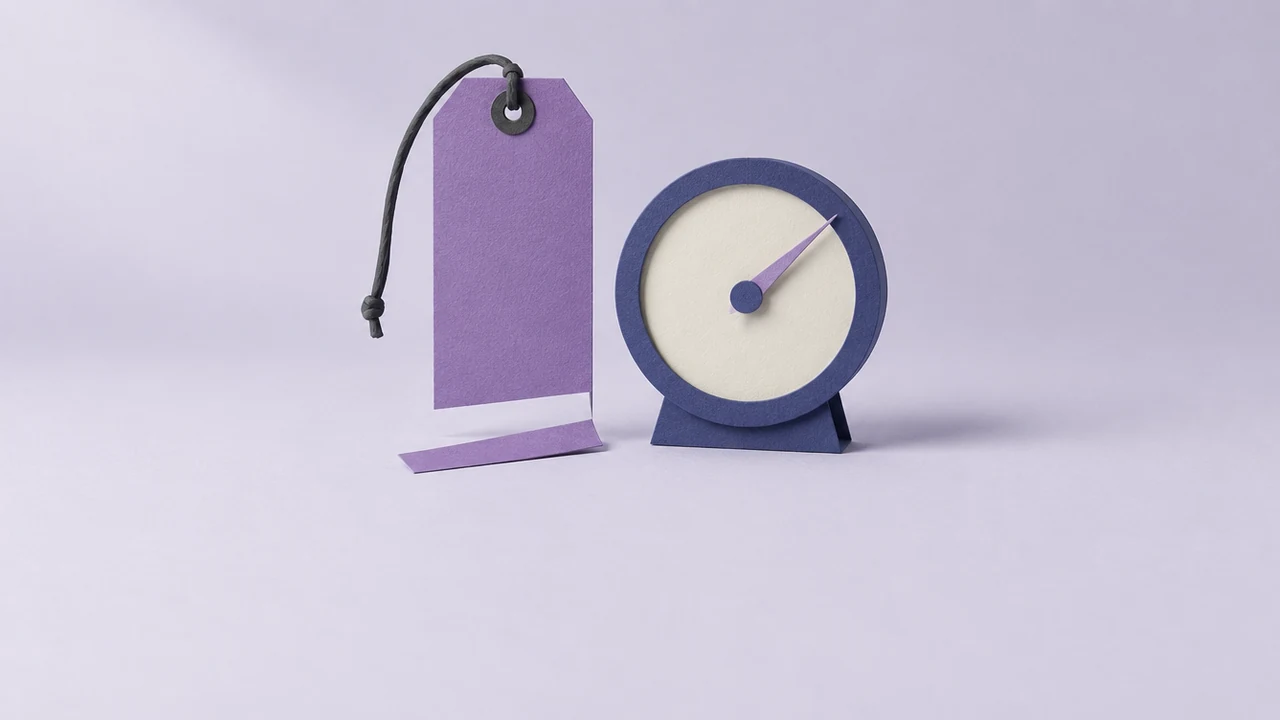 A tall violet price tag with its bottom strip cut away stands beside a round meter with a blank dial and a raised needle