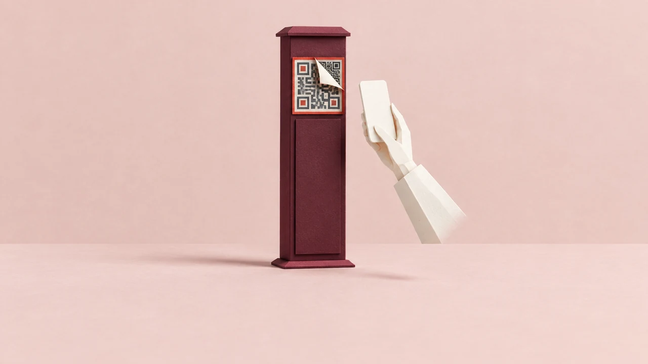 A hand raises a phone toward a parking pay-station post whose square code sticker is peeling back to reveal a different code