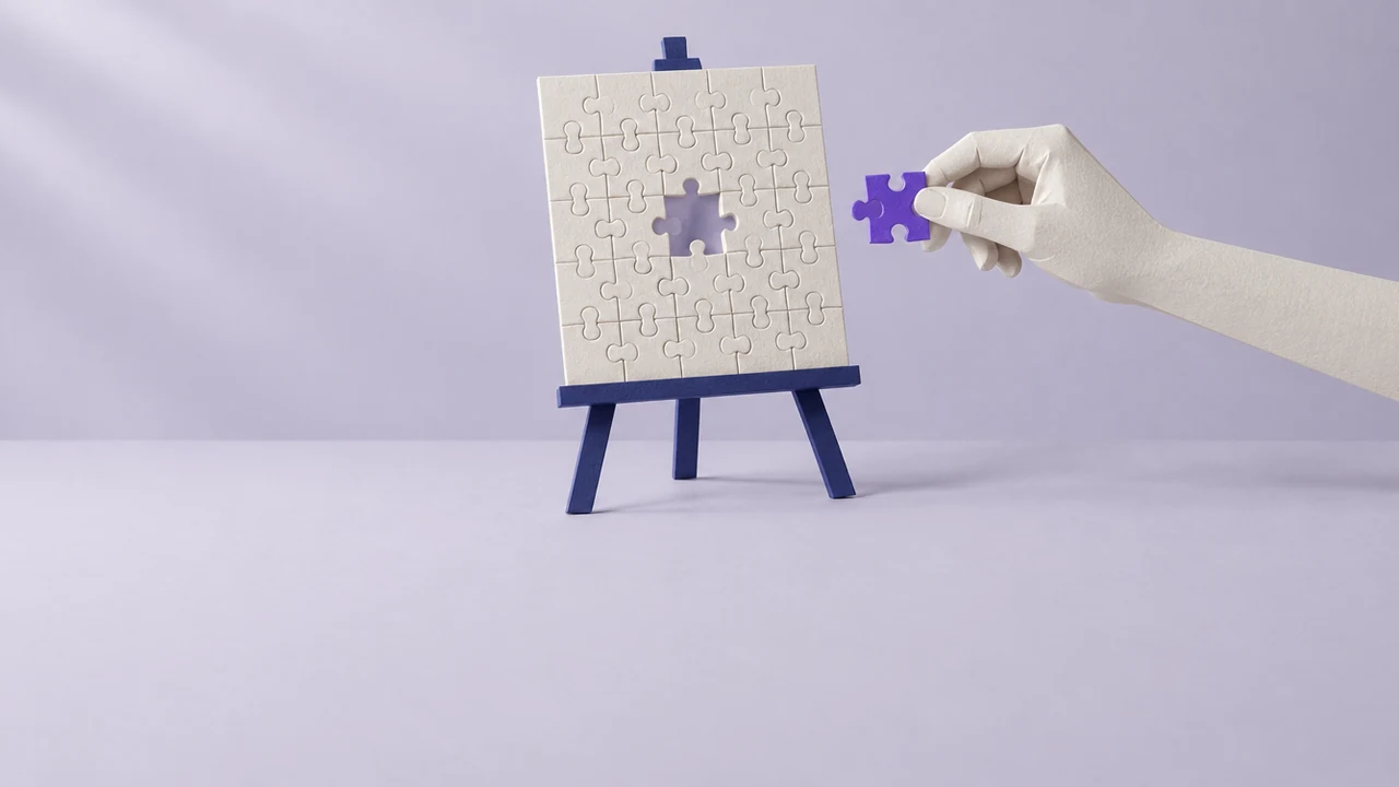 A paper hand offers a violet jigsaw piece to a nearly finished puzzle on an easel, but its shape does not match the empty gap