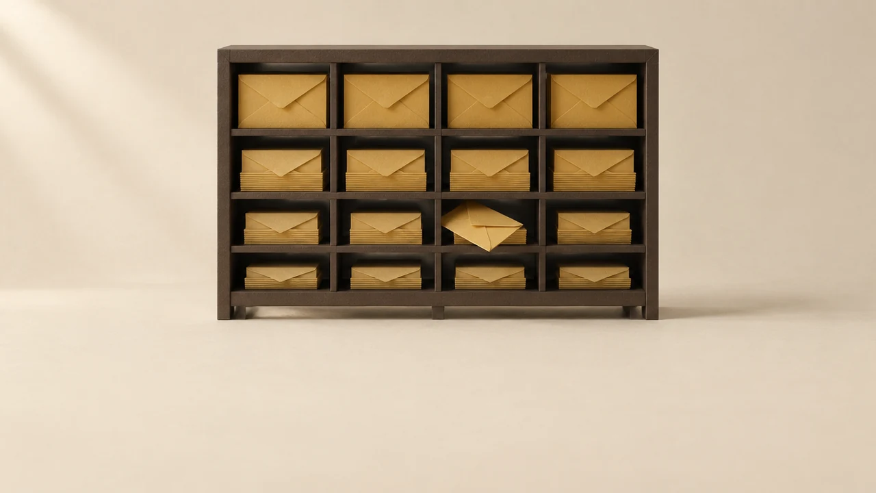 A pigeonhole cabinet is filled with sealed envelopes sorted by size, one standing half drawn from its slot