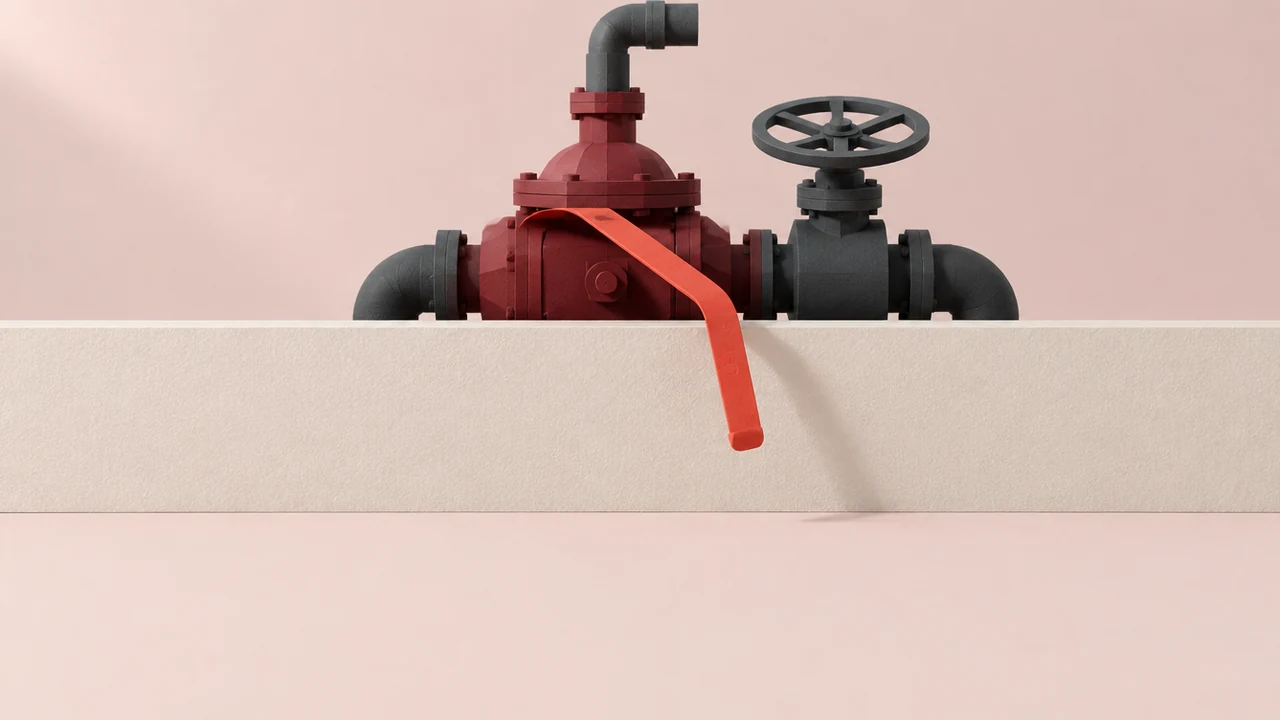 Behind a low wall stands an industrial pump whose long red control lever reaches over the top to the open side