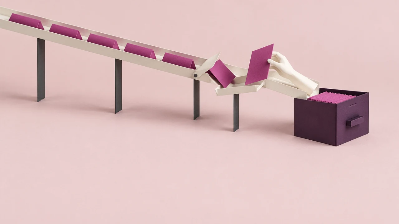 Sheets slide down a chute toward a drawer as a flap diverts one to a hand that holds it up for review