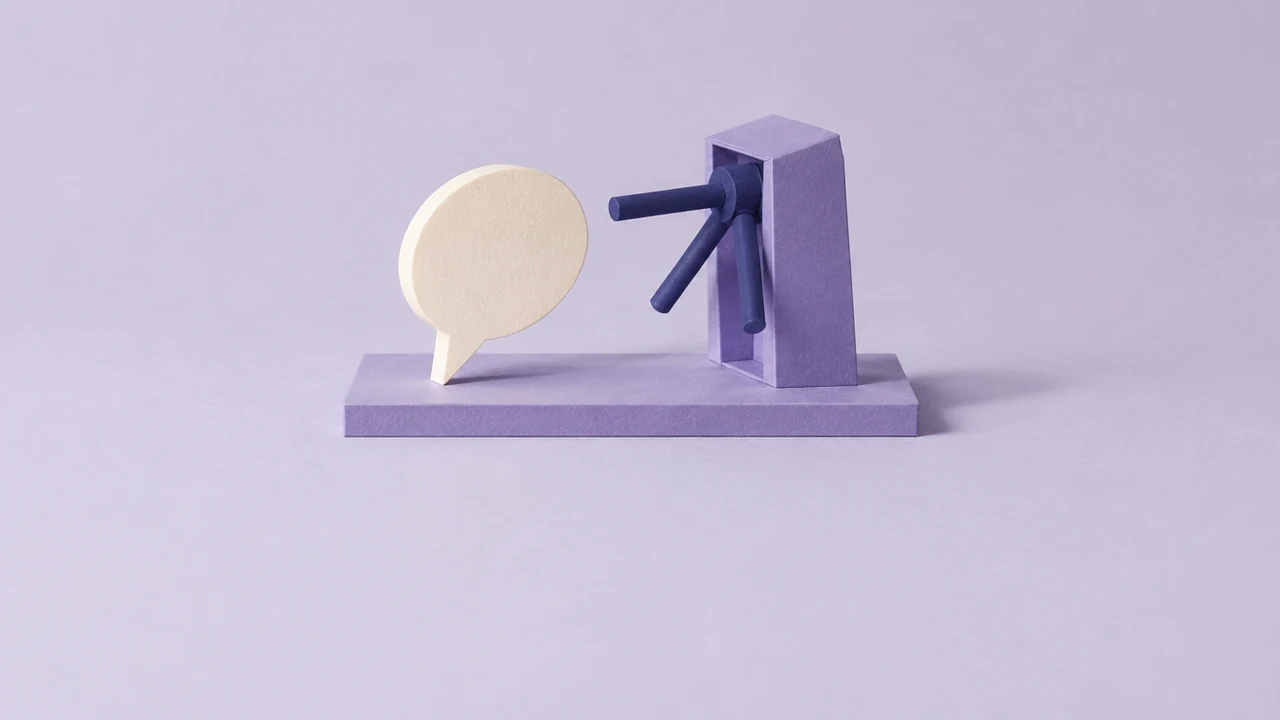 A white paper speech bubble waits in front of a violet turnstile with three indigo arms
