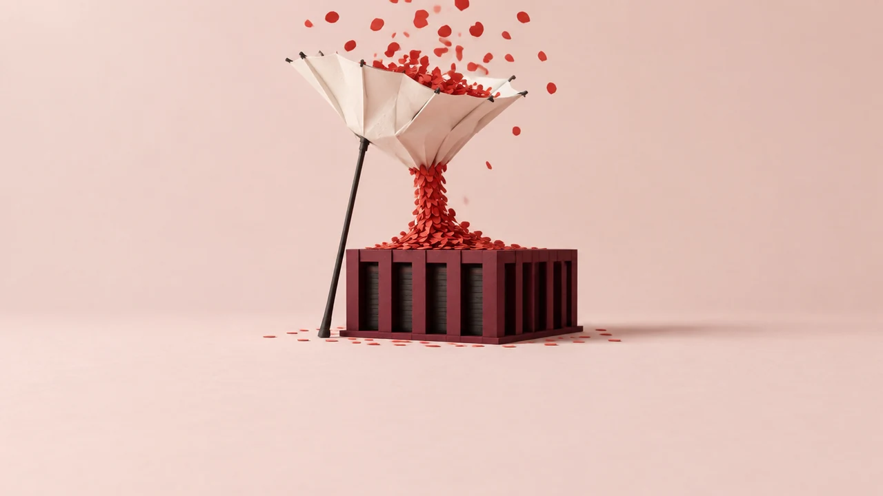 An umbrella blown inside out into a funnel pours a stream of red paper raindrops onto the roof of a small data-centre block