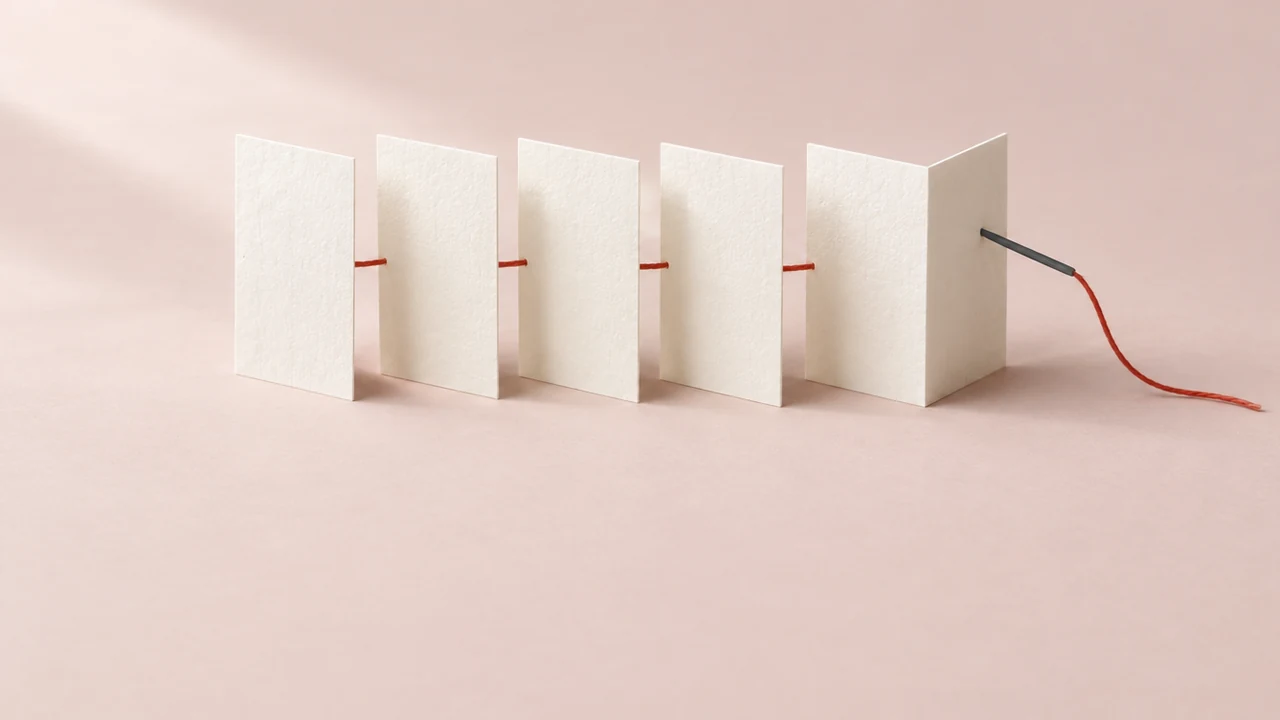 Blank white pages stand in a row, stitched through by one red thread, its needle piercing the last sheet with the thread trailing out