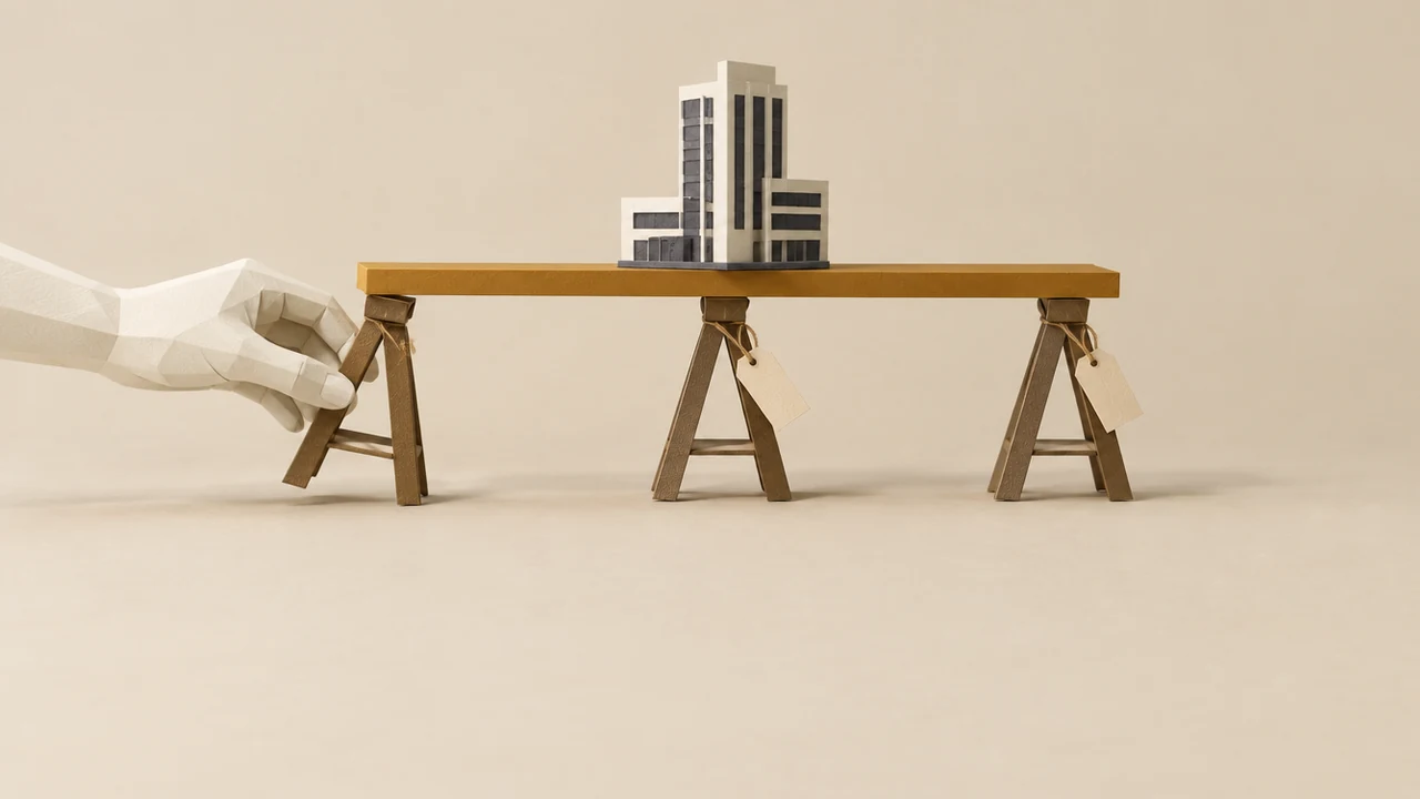 A paper hand slides one trestle out from under a long shelf carrying a small office tower, the other two trestles tagged