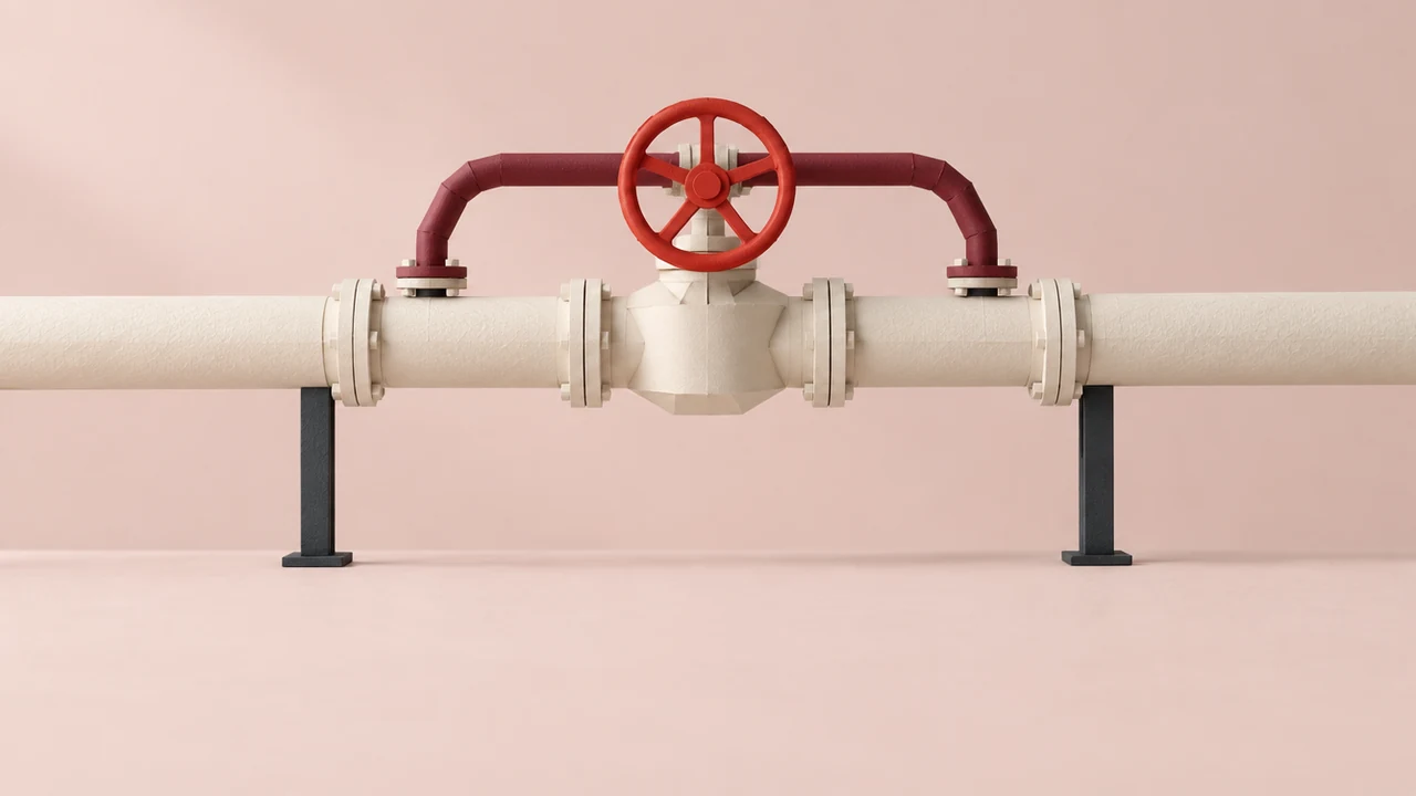 A large valve wheel stands in a run of pipework, with a bypass pipe arching around it
