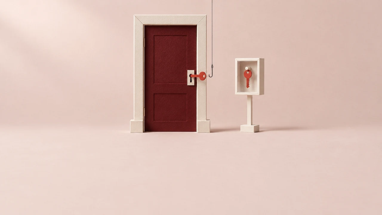 A fishing hook dangles empty beside a red key set in a heavy door; a spare key hangs in a small glass-fronted case nearby