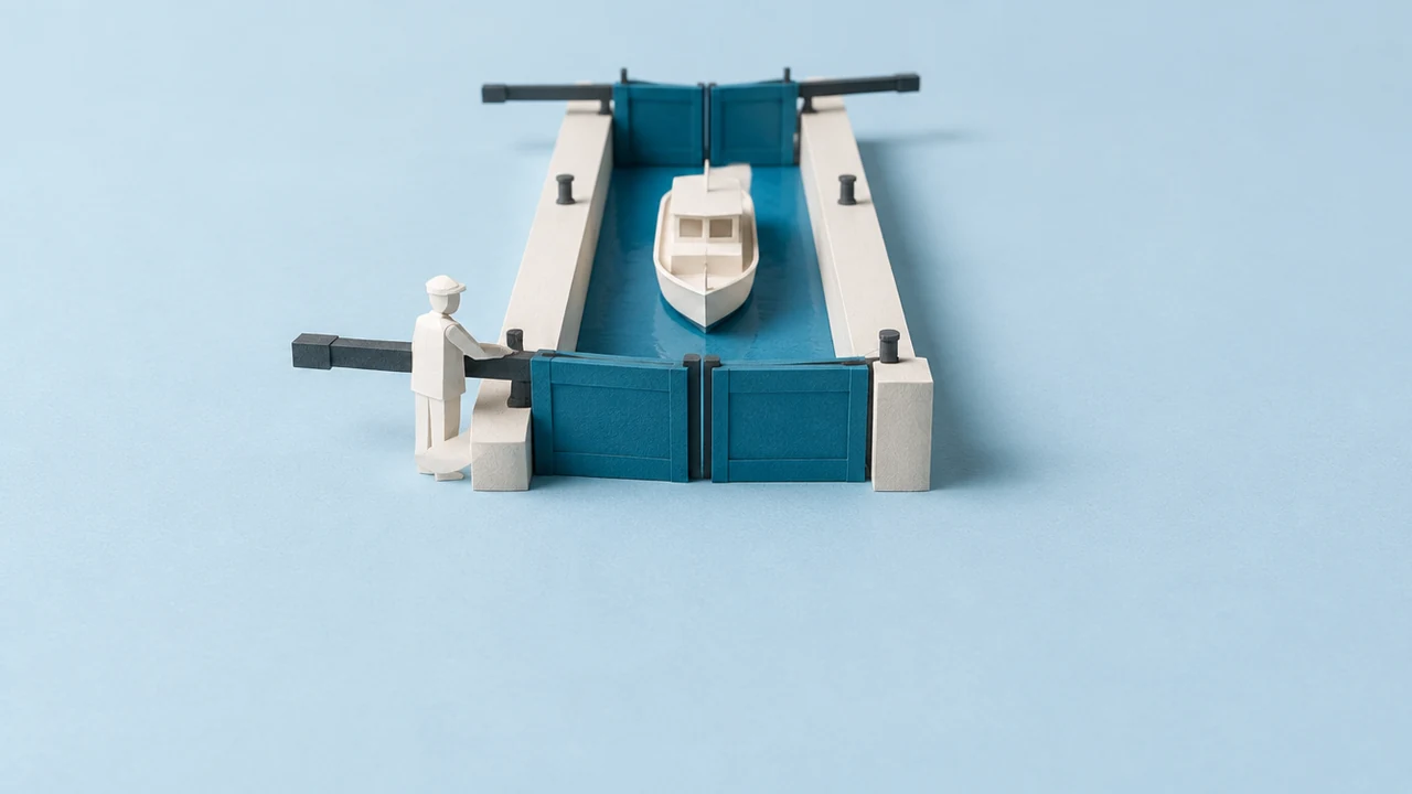 A small boat waits in a canal lock between two pairs of closed gates, a figure's hand on a gate's balance beam