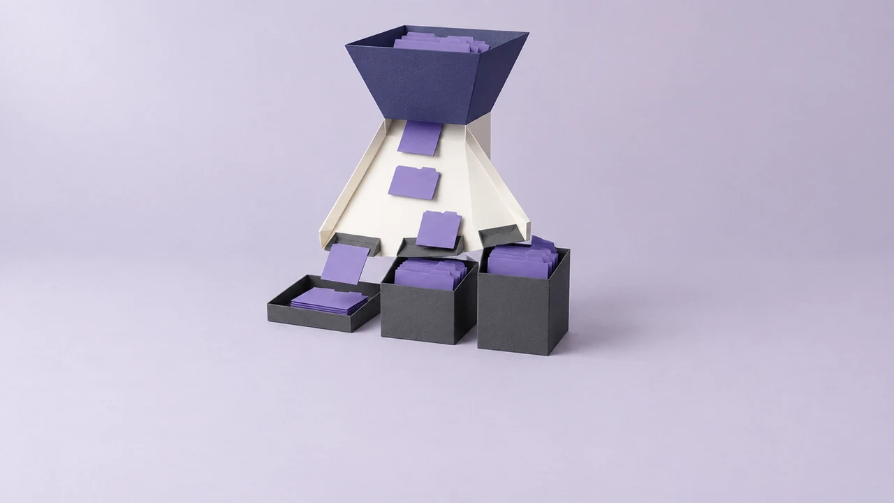 Violet folders slide from a hopper down a chute and drop into a shallow tray, a medium box or a deep crate below
