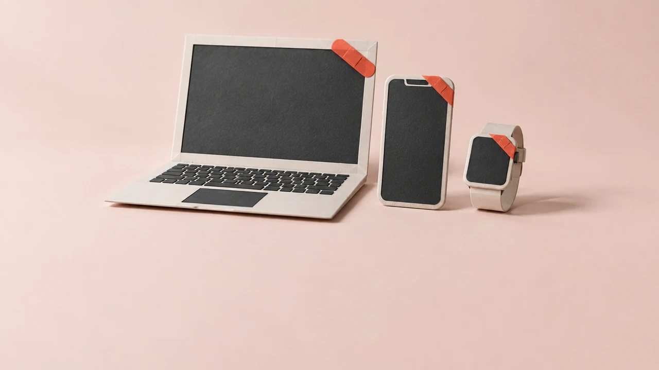 A paper laptop, phone and smartwatch stand together, each with a red sticking plaster across one corner