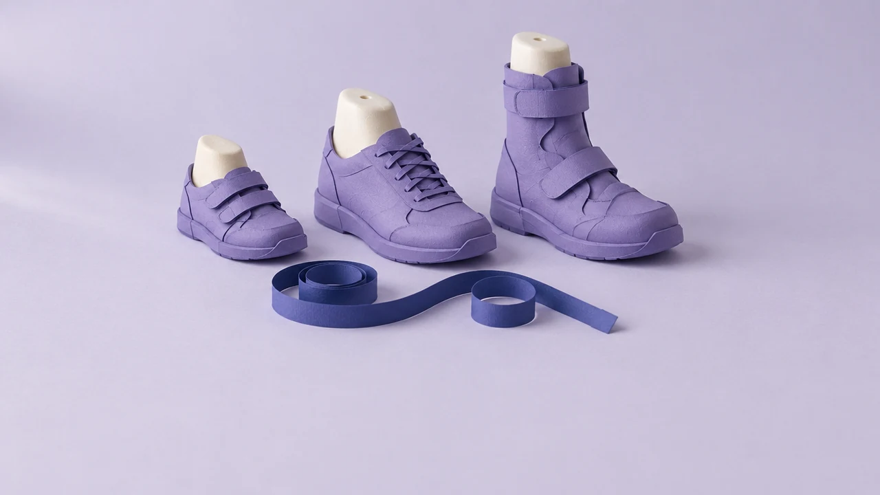 Three violet paper shoes on shoemaker's lasts, each shaped to a different wearer from child to older adult, beside a coiled tape measure