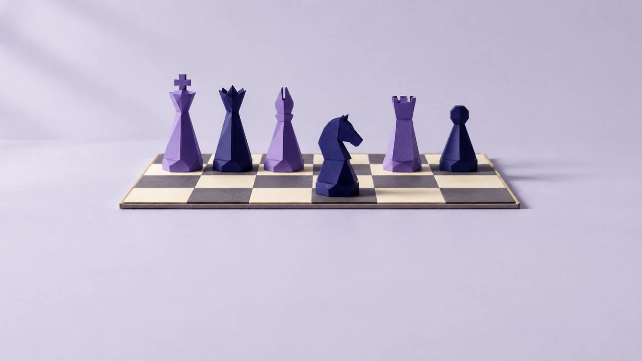 Six different violet chess pieces stand in a row on a small chequered board, the knight stepped one square forward