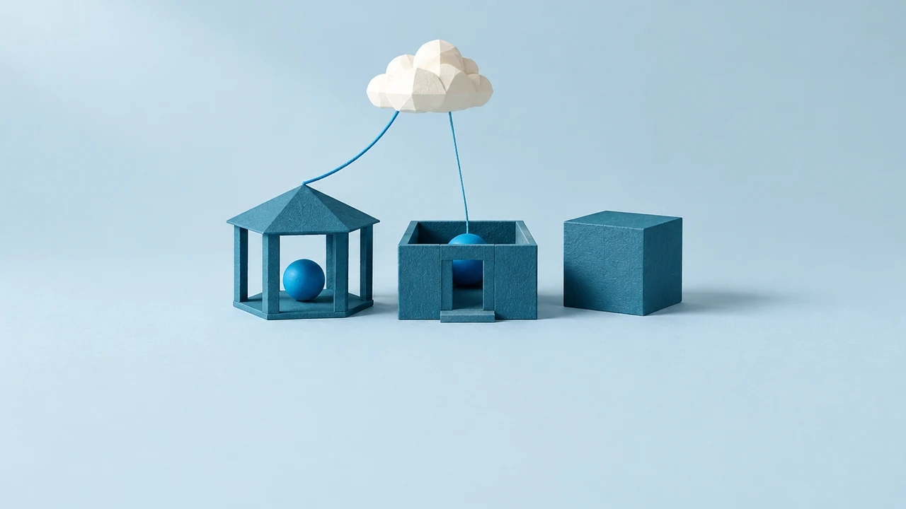 Three blue enclosures (an open canopy, a walled house and a sealed vault) each hold the same sphere; two are tied to a paper cloud
