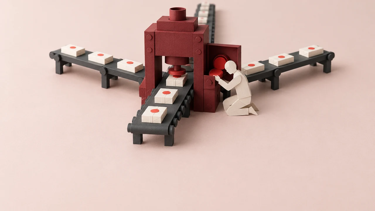 A heavy press seals plain parcels on a belt that splits three ways, while a mechanic fits a new part into its open side