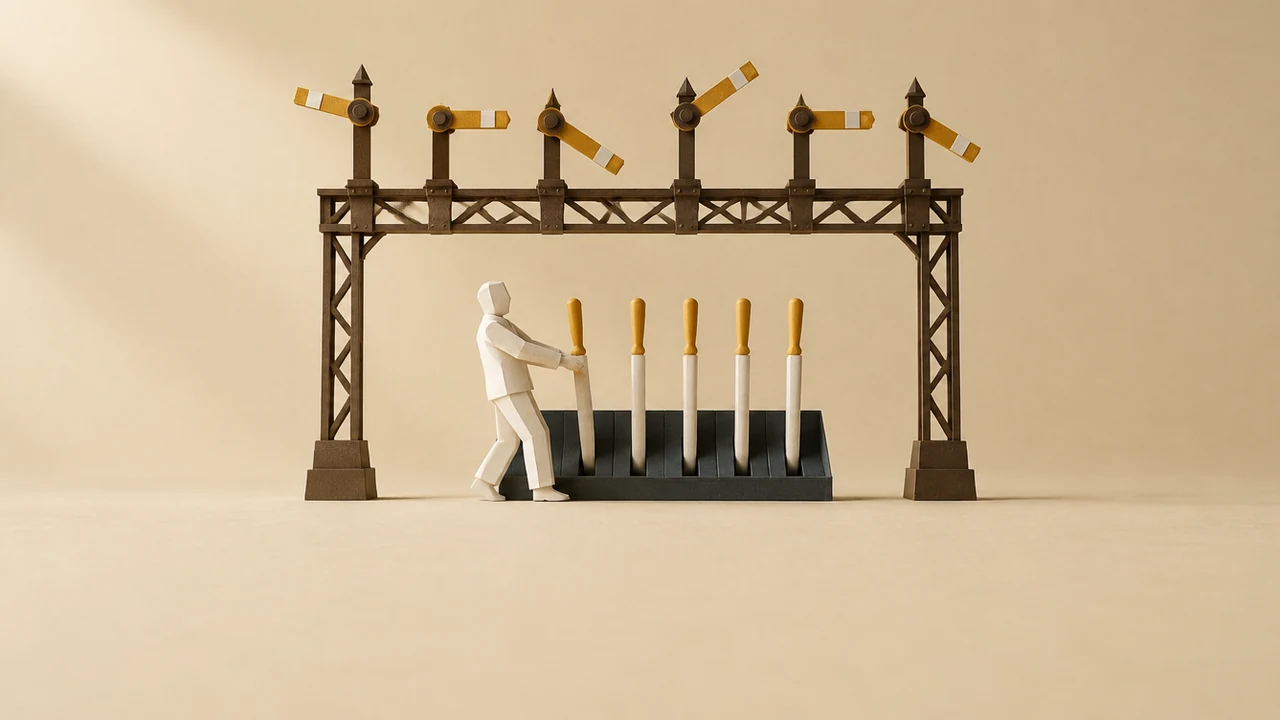 A railway signal gantry with six gold semaphore arms at different angles above a row of levers, one pulled by a faceless figure