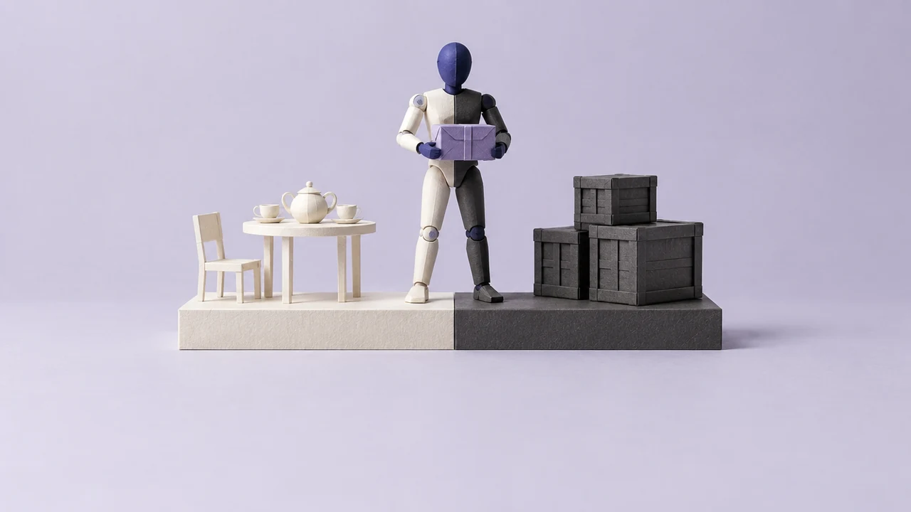 A faceless humanoid robot carries a parcel across a plinth split between a home table with a teapot and a stack of factory crates