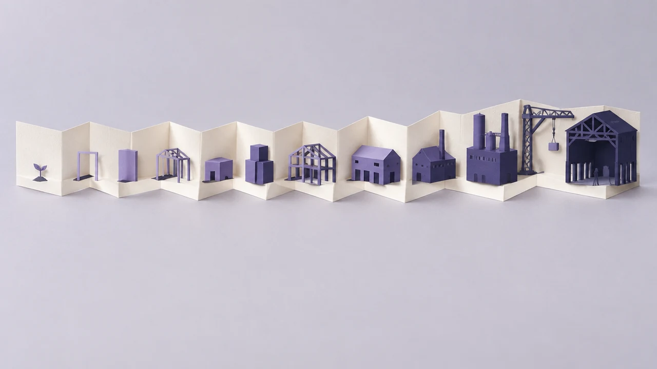 A folded paper strip zigzags across the frame, its pop-up shapes growing from a small seedling to a large industrial hall