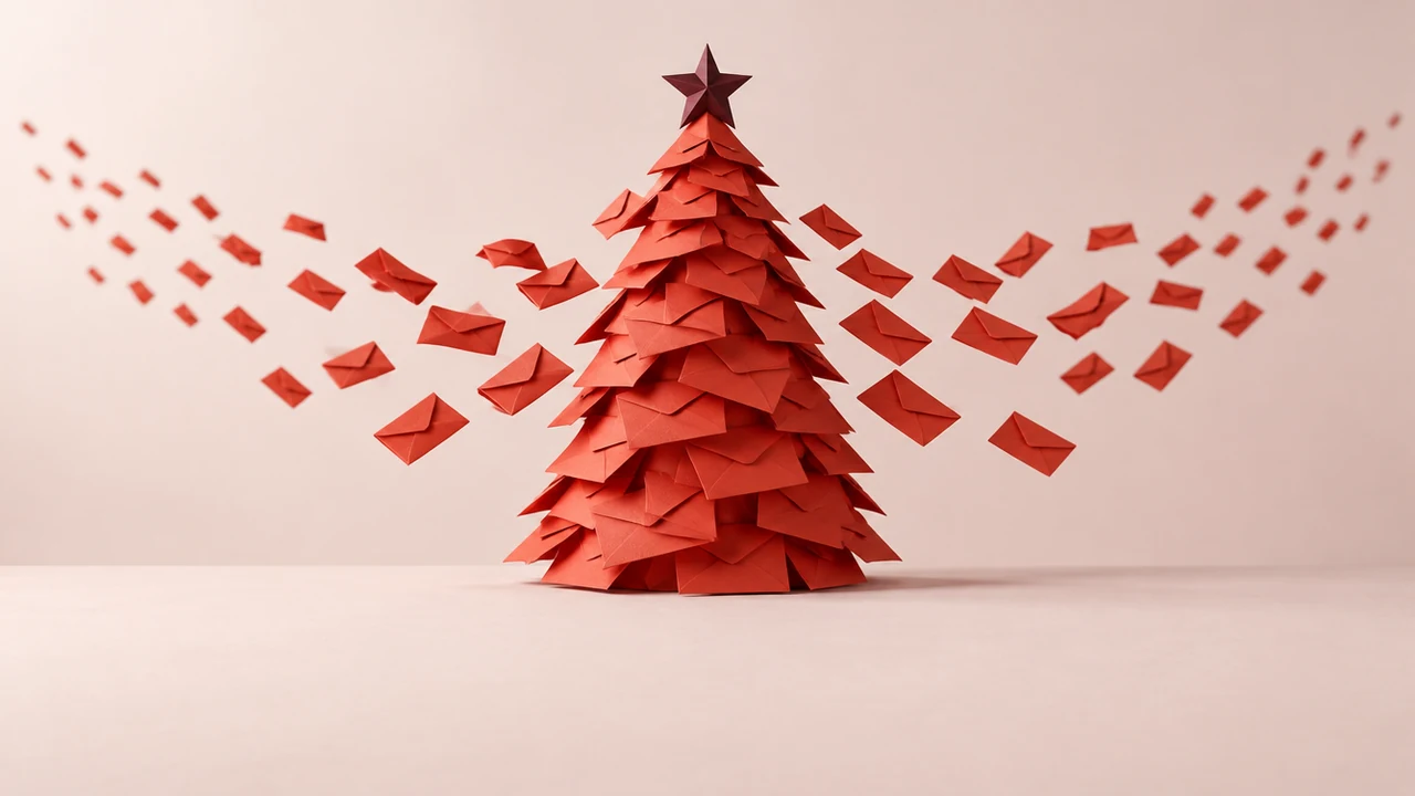 A Christmas tree built of stacked red envelopes, with identical envelopes flying off its branches in widening arcs