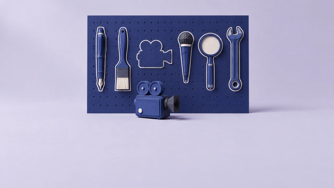 A pegboard of violet tools, each hung in its own painted outline, with one outline empty and its camera set in front