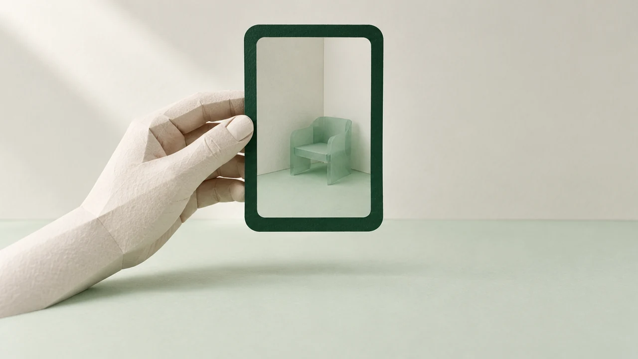 A paper hand holds up a hollow phone-shaped frame, inside which a translucent jade armchair appears in an empty room corner