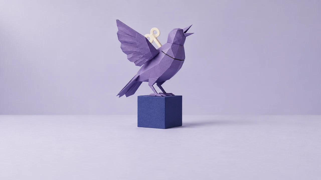 A faceted paper clockwork songbird sings on a small plinth, a wind-up key in its back and a fine seam showing its mechanism