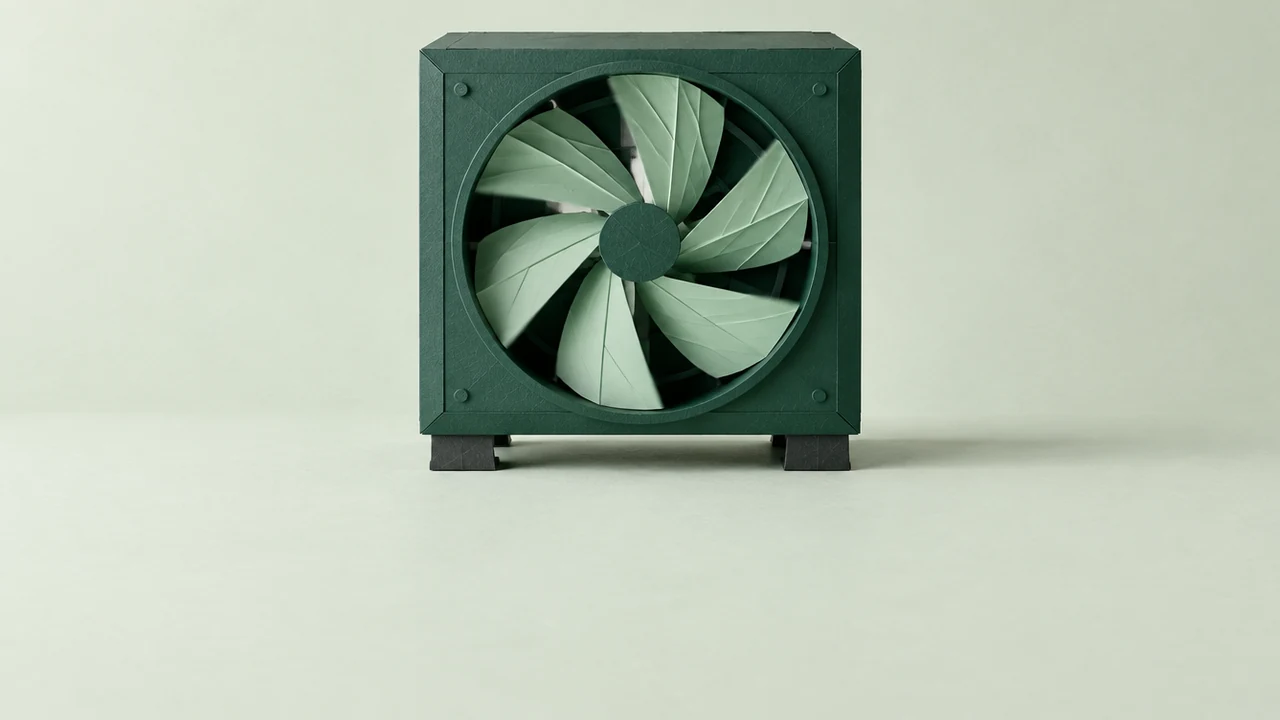 A square data-centre cooling unit whose fan blades are broad jade paper leaves, caught mid-turn