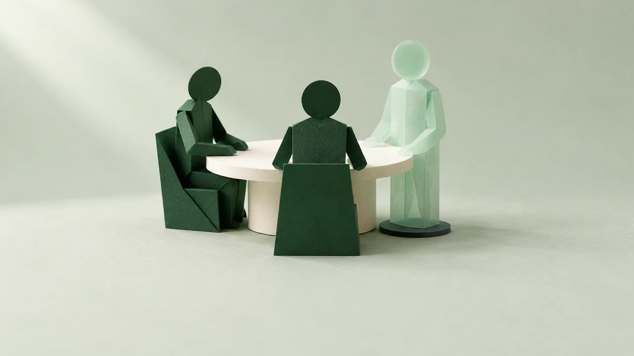 Two solid paper figures sit at a round table with a third, translucent figure standing on a projection disc as one of the group