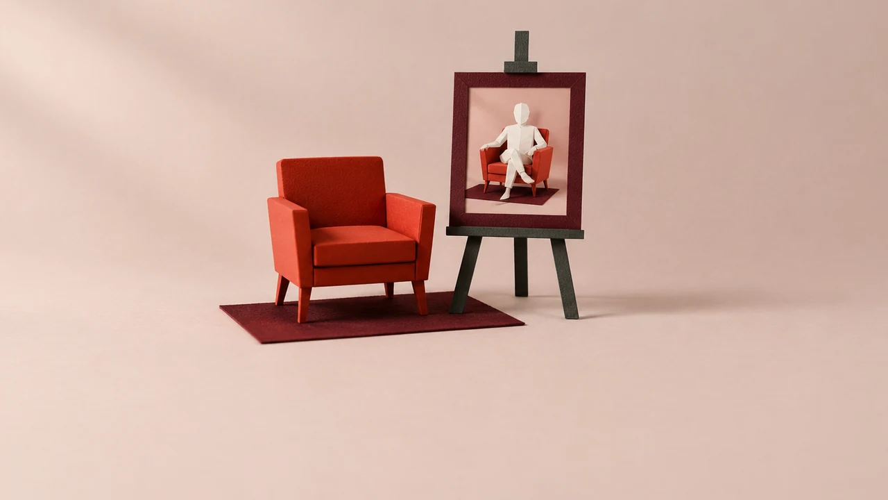 An empty red armchair beside an easel holding a framed photo of a faceless figure seated in that same chair